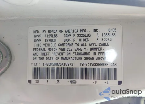 2005 Honda Accord 2.4 Ex from USA, damaged, VIN 1HGCM56875A189731